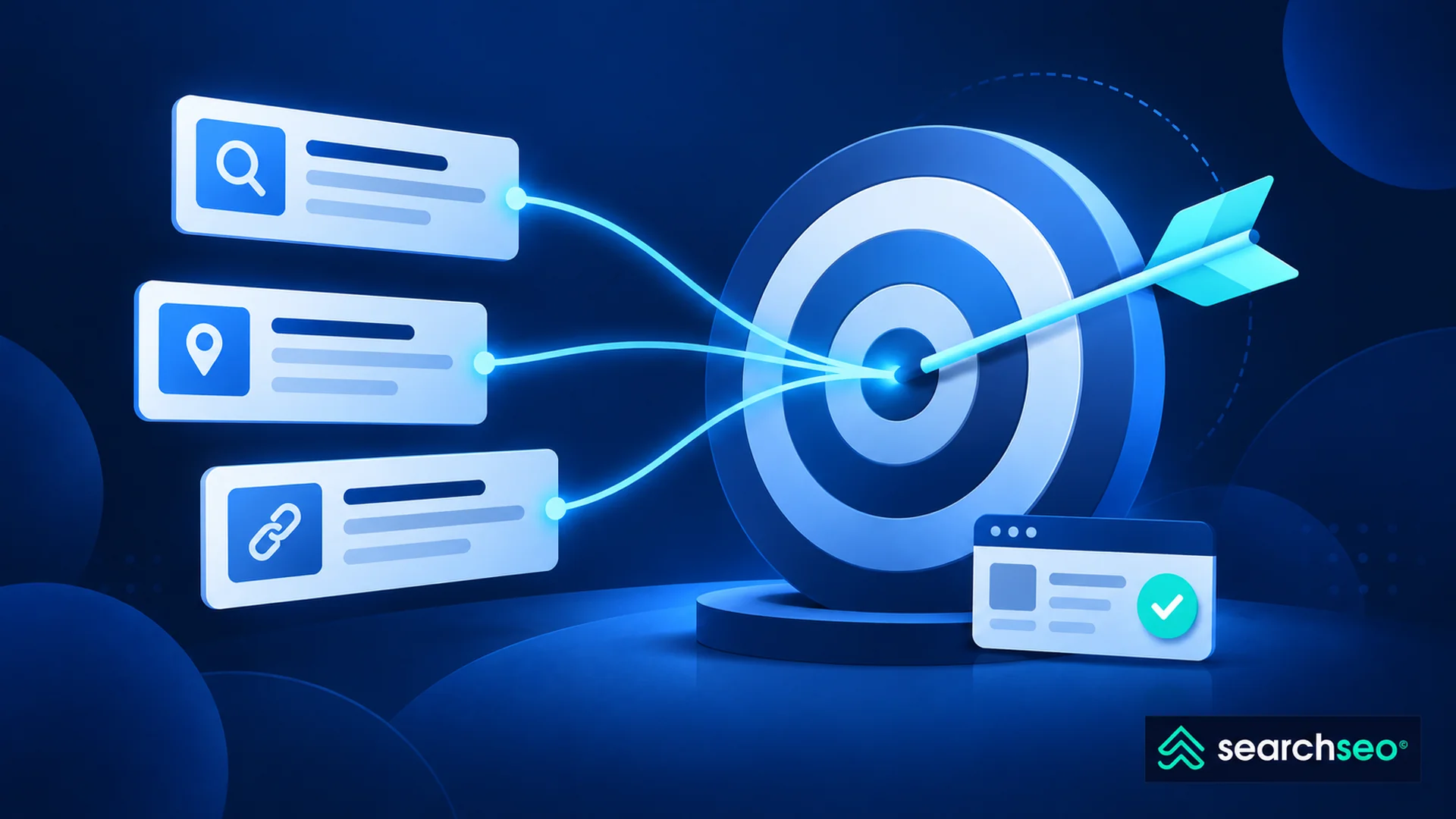 Blue illustration of search-result cards connected to a bullseye with an arrow, representing targeted SEO and focused search strategies.