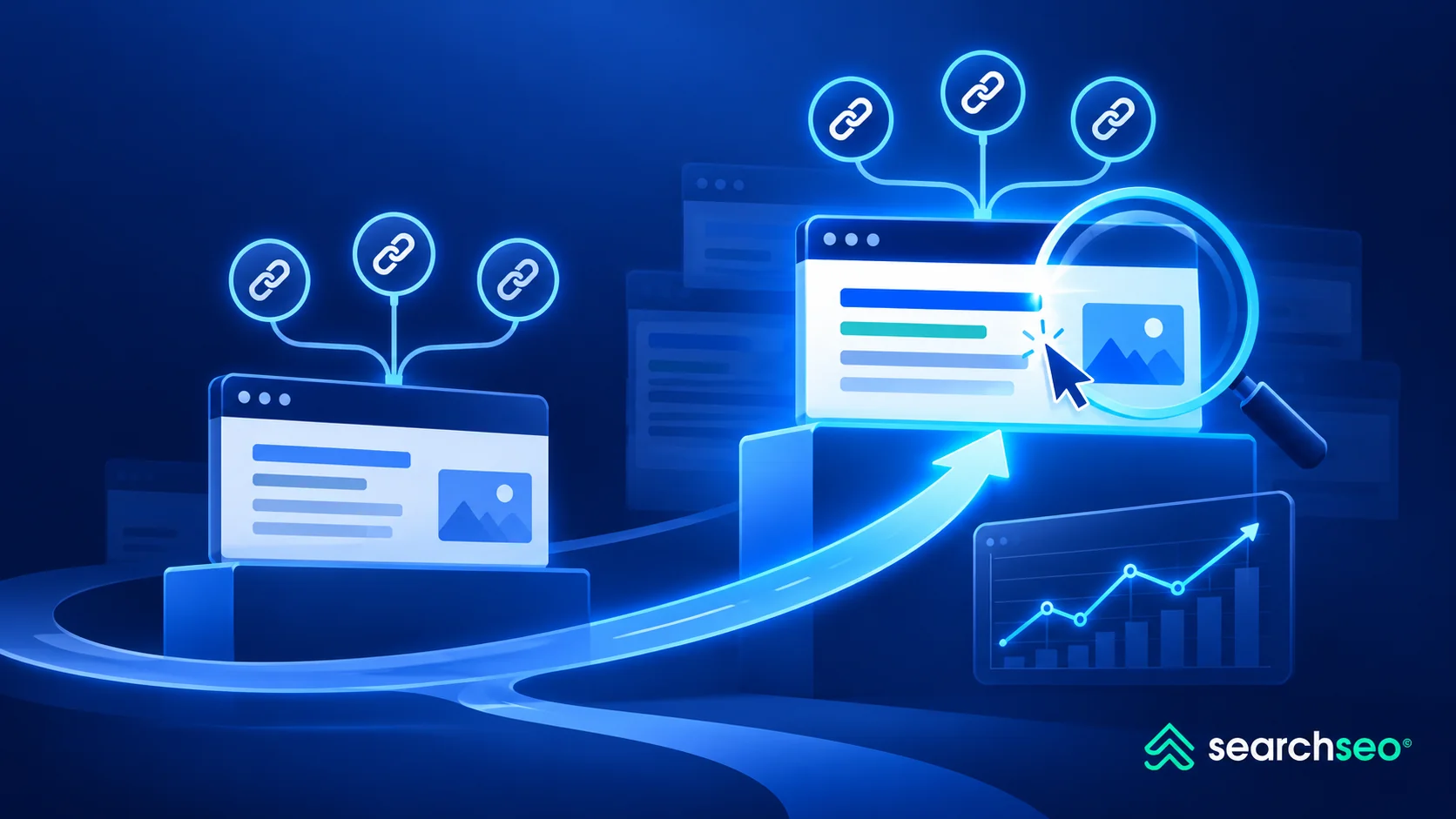 Two websites with similar backlinks at different search rankings, with a magnifying glass and upward arrow highlighting the competitor’s stronger performance.