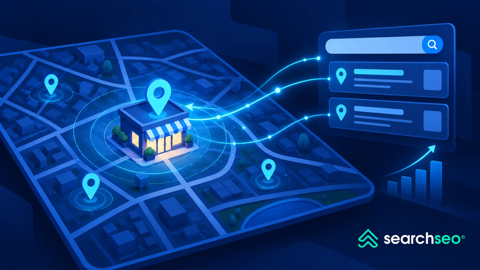  Local map with location pins and search results connected to a storefront, illustrating location-based keywords driving local traffic.