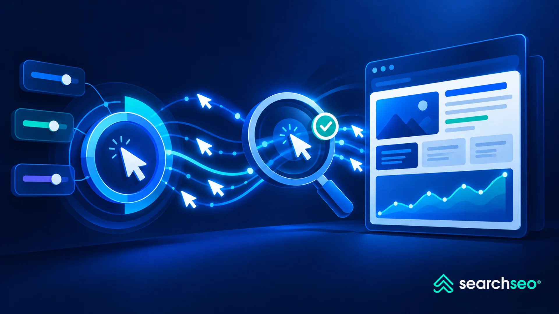 Website traffic generator sending clicks through a quality checkpoint to a website dashboard with traffic analytics.