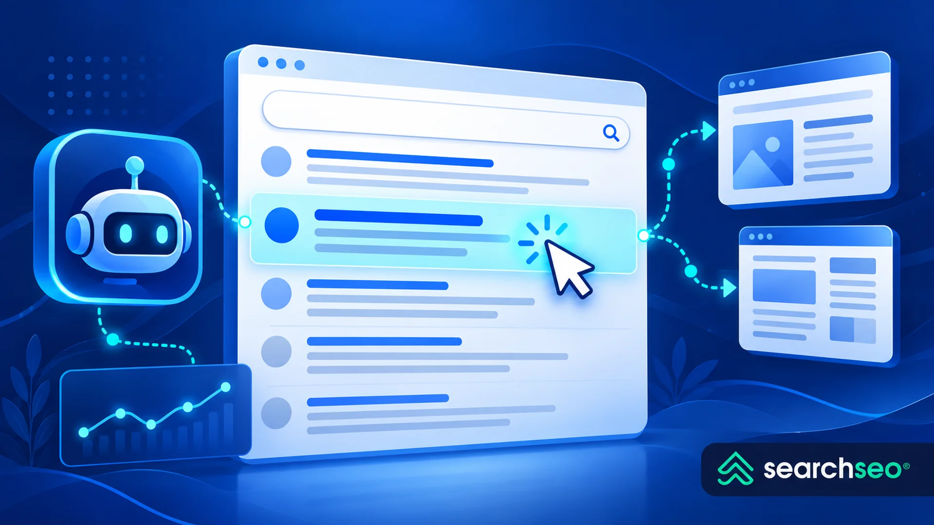 Blue illustration of a Google search click bot selecting a search result and following links to website pages, with an activity chart.