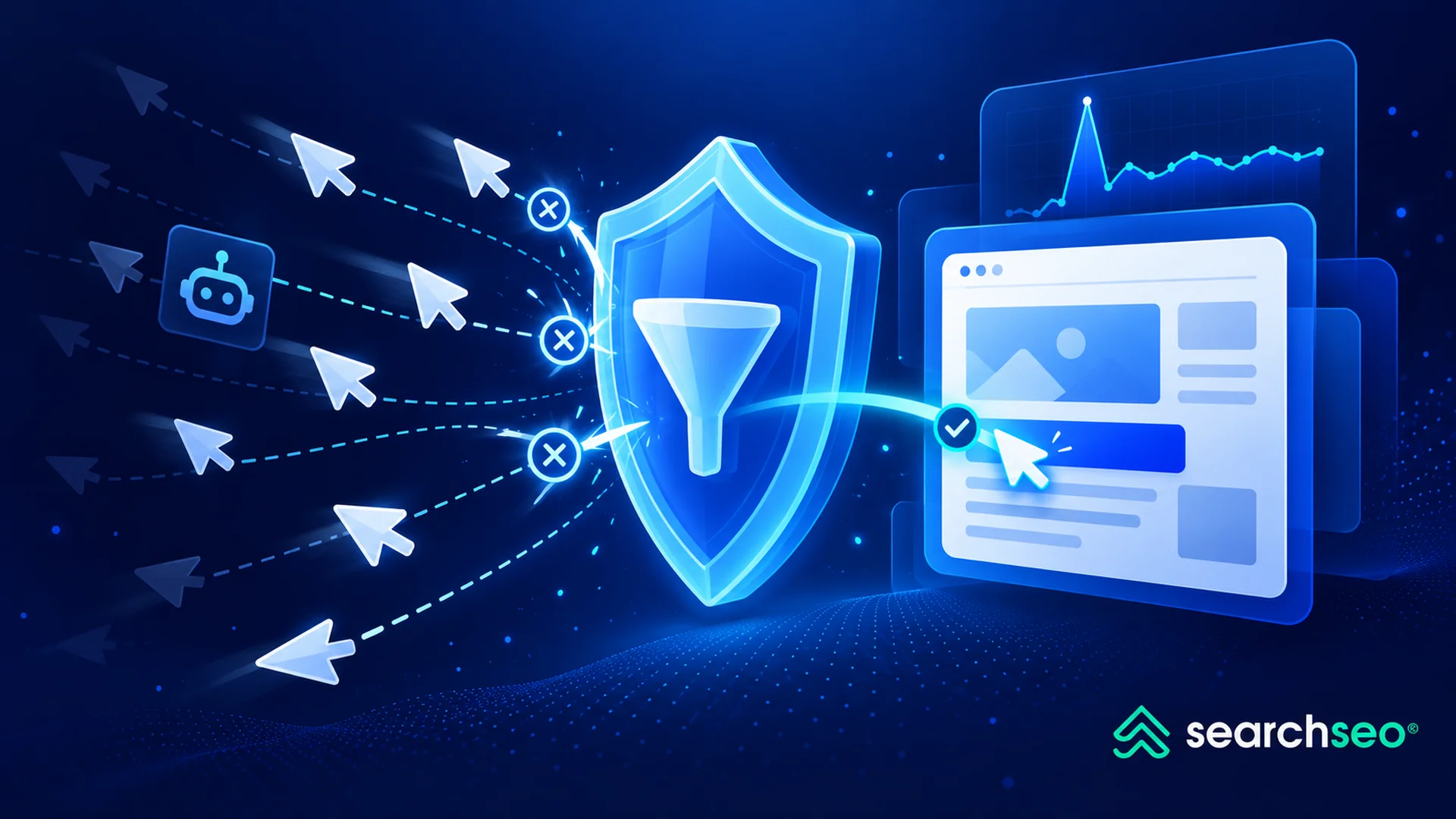 Blue shield filtering invalid bot clicks while allowing valid traffic to reach a webpage, with a dashboard monitoring click activity.
