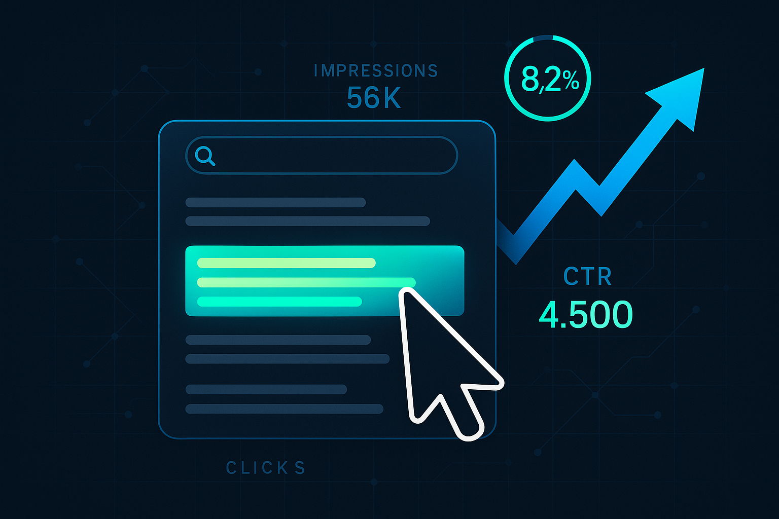 Digital illustration of a search interface with a cursor clicking a highlighted result, showing 56K impressions, 4,500 CTR clicks, and an 8.2% upward arrow graph.