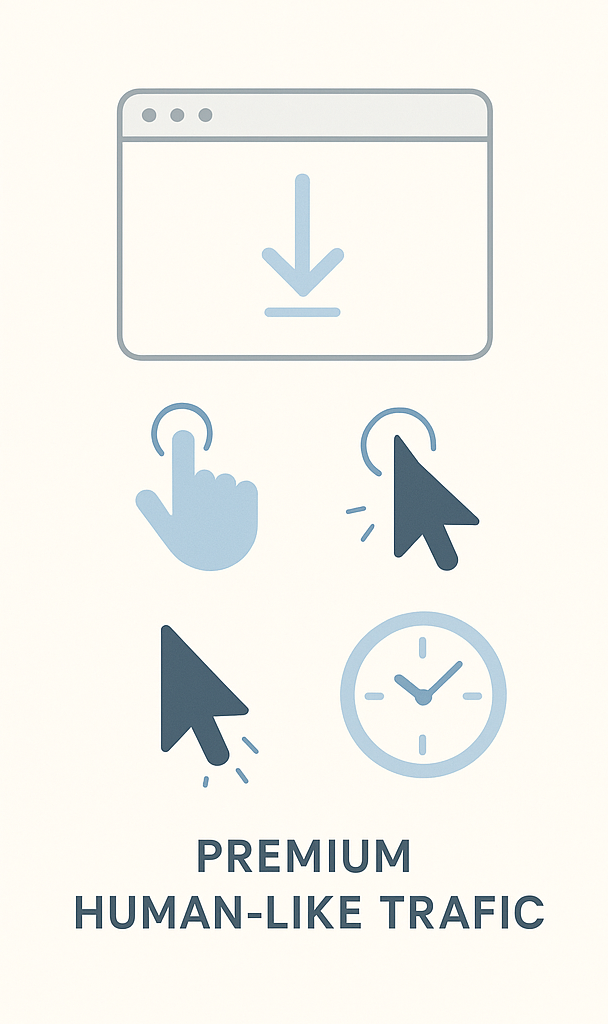 Icons representing human-like engagement behaviors including tapping, clicking, cursor movement, and time on page, with the text “Premium Human-Like Traffic” below.