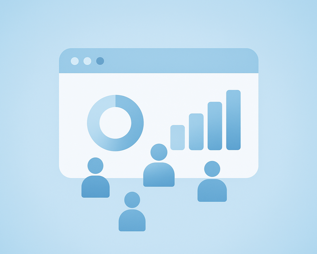 Illustration of a web browser window displaying a pie chart and bar graph with four user icons surrounding it, symbolizing data analysis and digital collaboration.