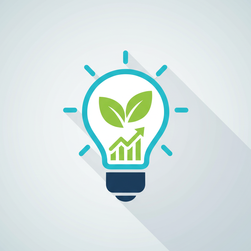 Light bulb icon containing green leaves and an upward trending graph symbolizing organic growth and innovation.
