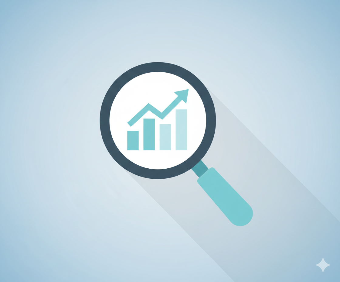 Magnifying glass focusing on a rising bar chart with an upward arrow.