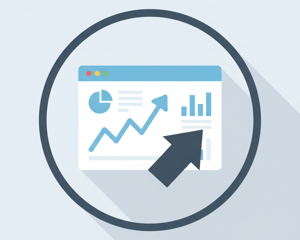 Illustration of a browser window with charts and a rising trend line, highlighted by a large cursor arrow.