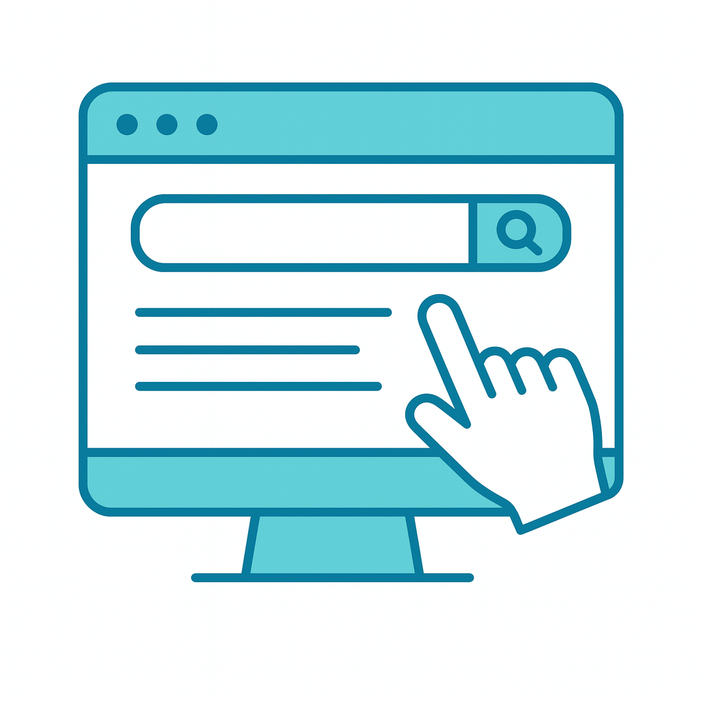Flat vector illustration of a computer screen showing a search bar and a clicking hand icon, in turquoise and teal colors.