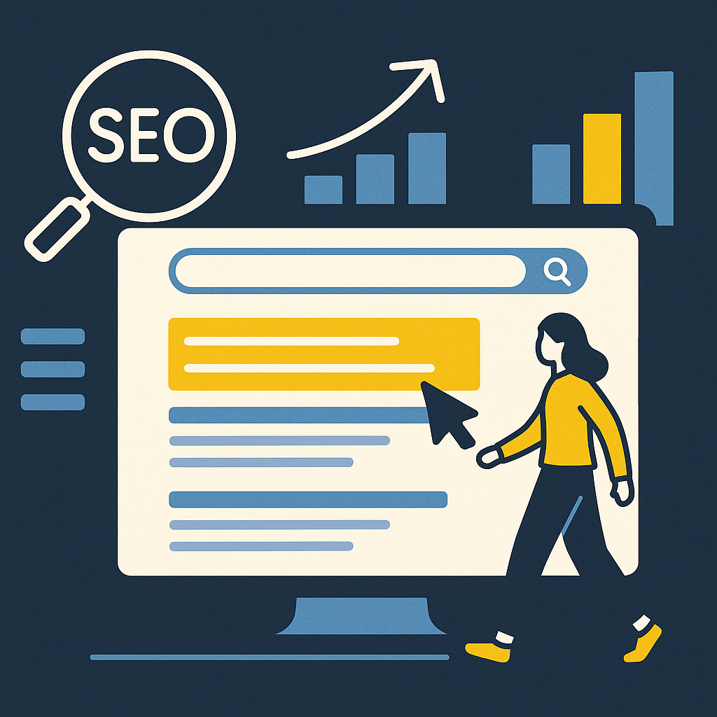 Illustration of a woman walking in front of a computer screen displaying a search engine results page with a highlighted yellow result and upward trending SEO graphs.