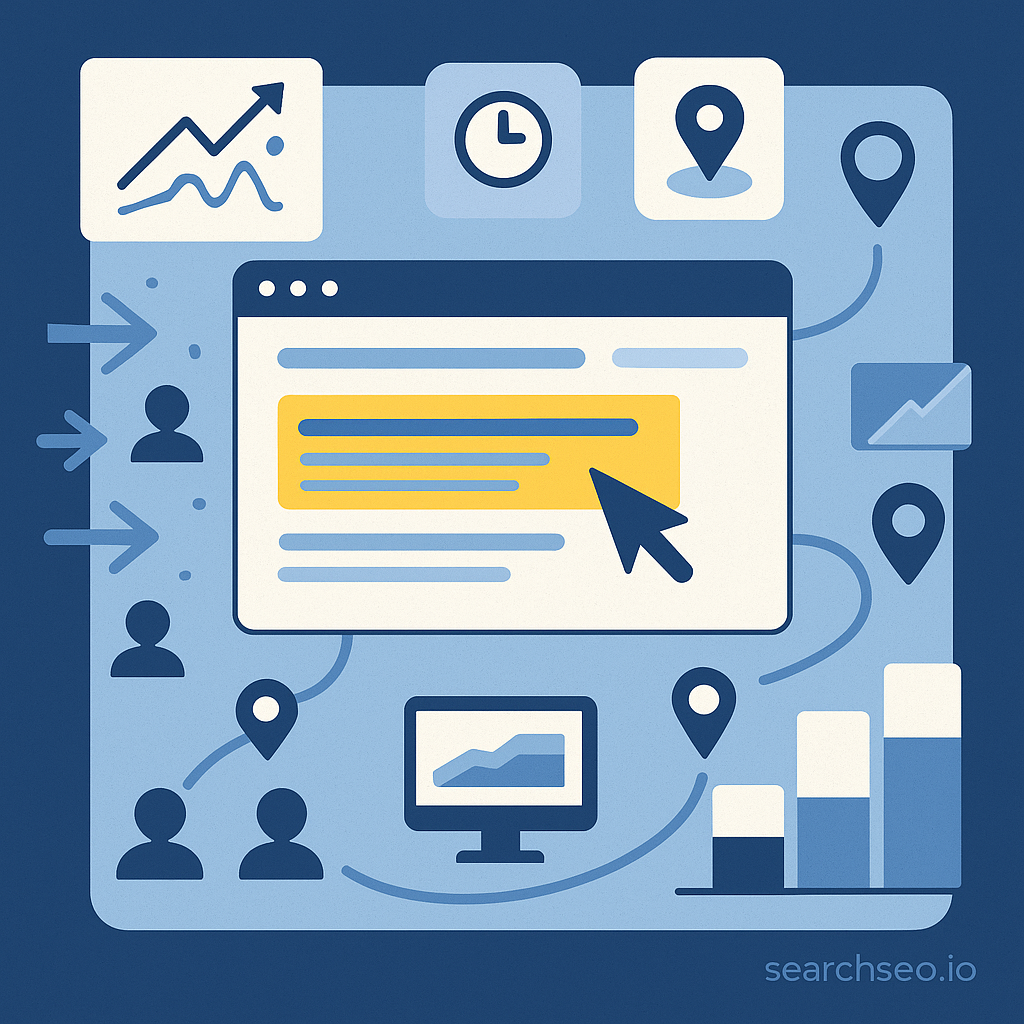 Illustration showing a web browser window with highlighted text and a cursor, surrounded by icons of people, location pins, graphs, a clock, and a computer screen representing SEO benefits.