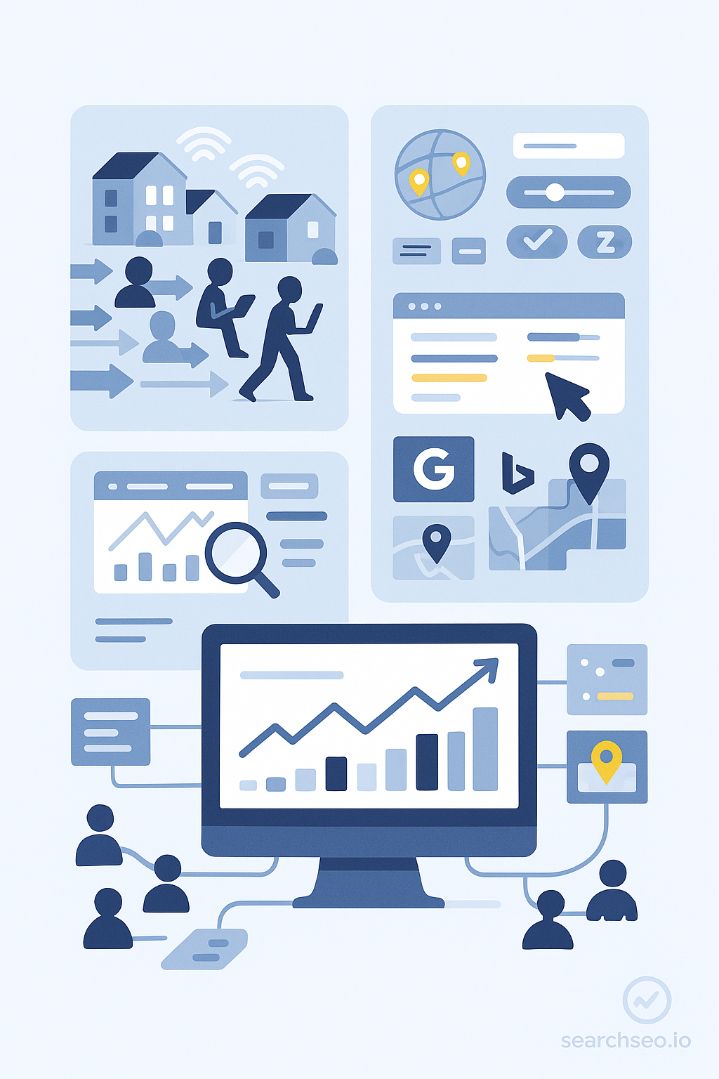 Illustration of an SEO dashboard showing analytics charts, maps with location markers, search engine icons, user interaction icons, and data flow connected to a central computer monitor with a rising graph.