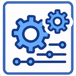 Icon of two blue interlocking gears above three horizontal slider controls inside a rounded square border.