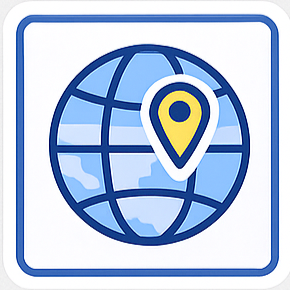 Icon of a globe with a yellow map pin indicating a local location.