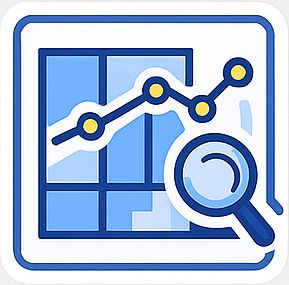 Icon of a line graph with data points and a magnifying glass over it, symbolizing data analysis or live tracking.