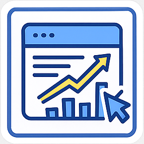 Browser window with bar chart and an upward trending arrow with a cursor pointer.