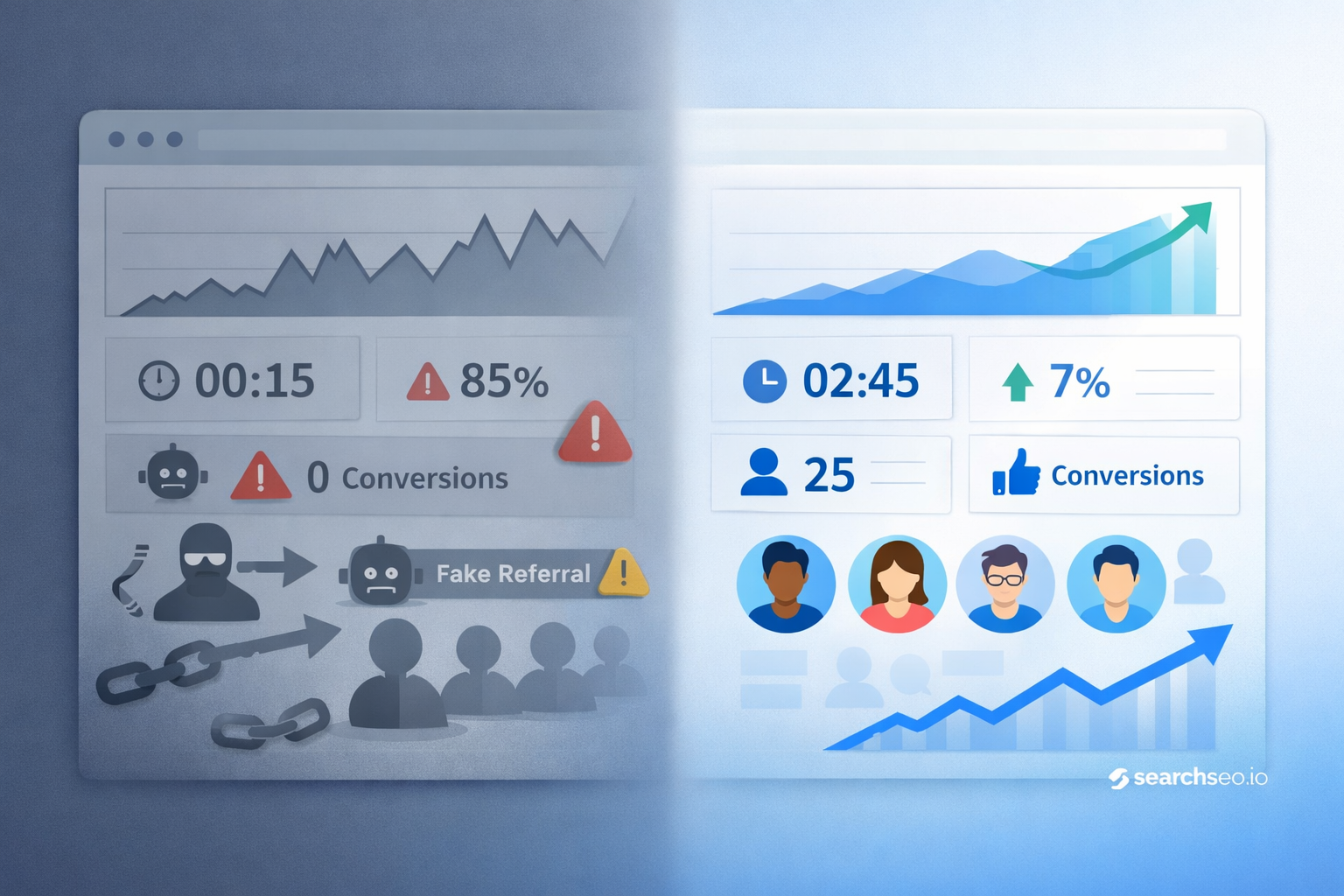 Split screen showing poor website traffic metrics on left with fake referrals and zero conversions, and improved metrics on right with increased conversions and user engagement.