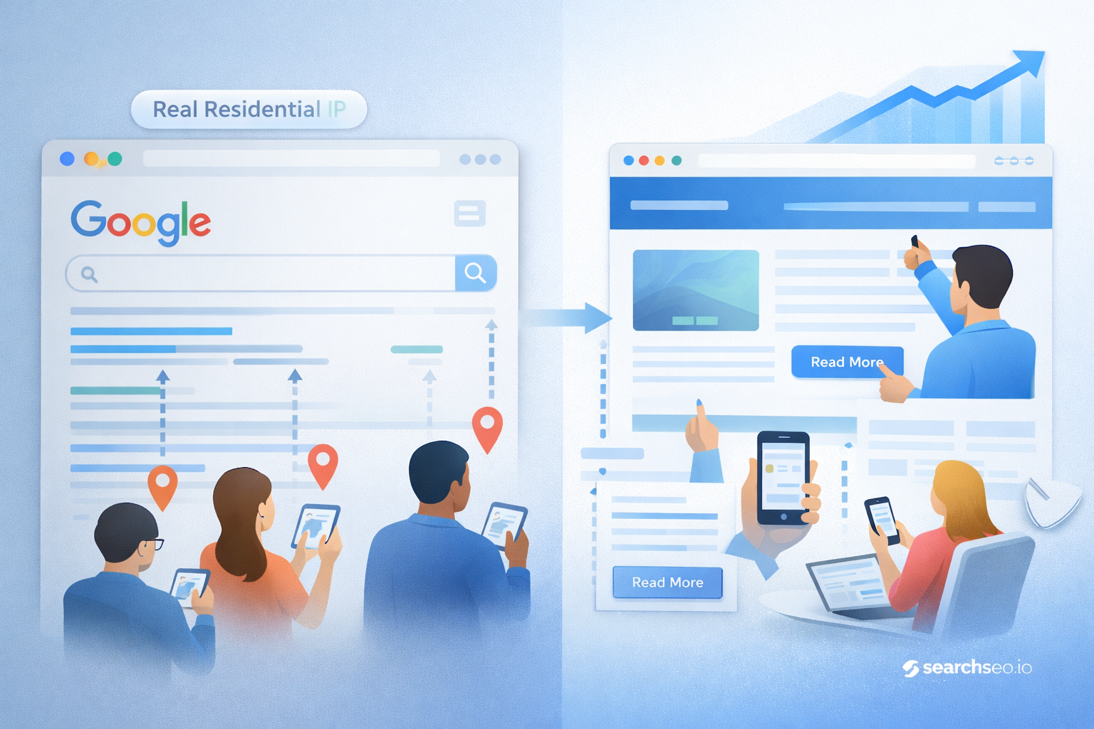Illustration showing users using real residential IPs on Google search leading to increased engagement on websites with read more buttons and upward growth arrow.