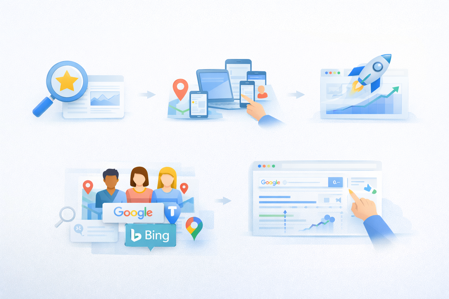 Illustration showing a process flow: a magnifying glass over a star on a webpage, a hand pointing at multiple devices, a rocket launching from a graph, a group of people with Google and Bing logos, and a hand clicking a thumbs-up icon on a search results page.