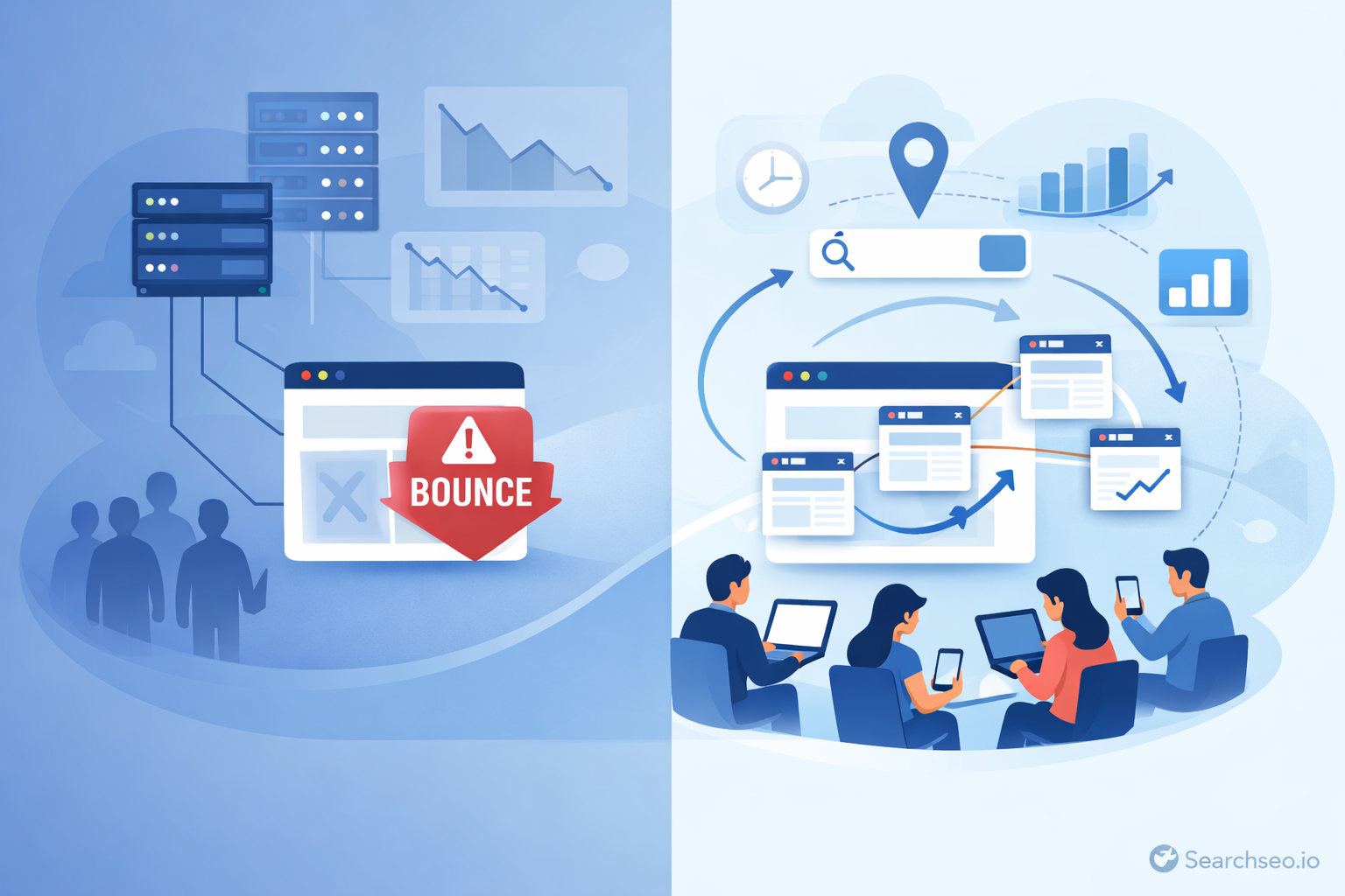 Comparison illustration showing low-quality traffic on the left with server issues and a bounce warning, and high-quality traffic on the right with engaged users interacting on devices and upward graph trends.