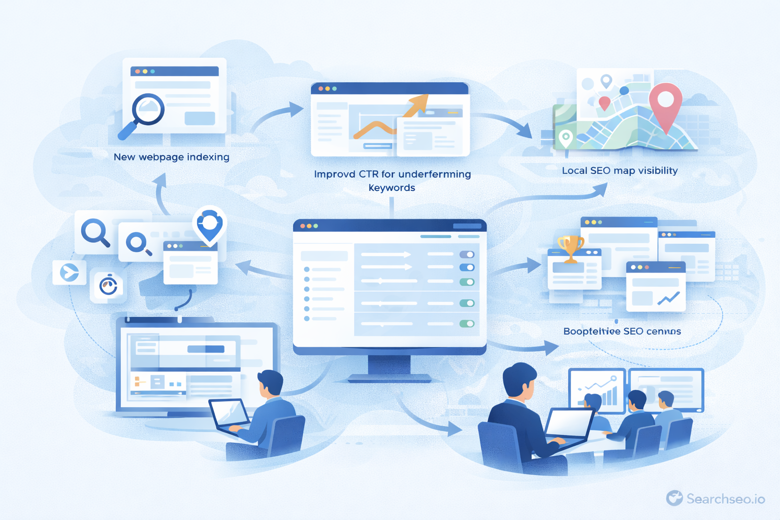 Illustration of an SEO workflow showing computer screens and icons for webpage indexing, improved CTR for underperforming keywords, local SEO map visibility, and boosting SEO campaigns with people analyzing data.