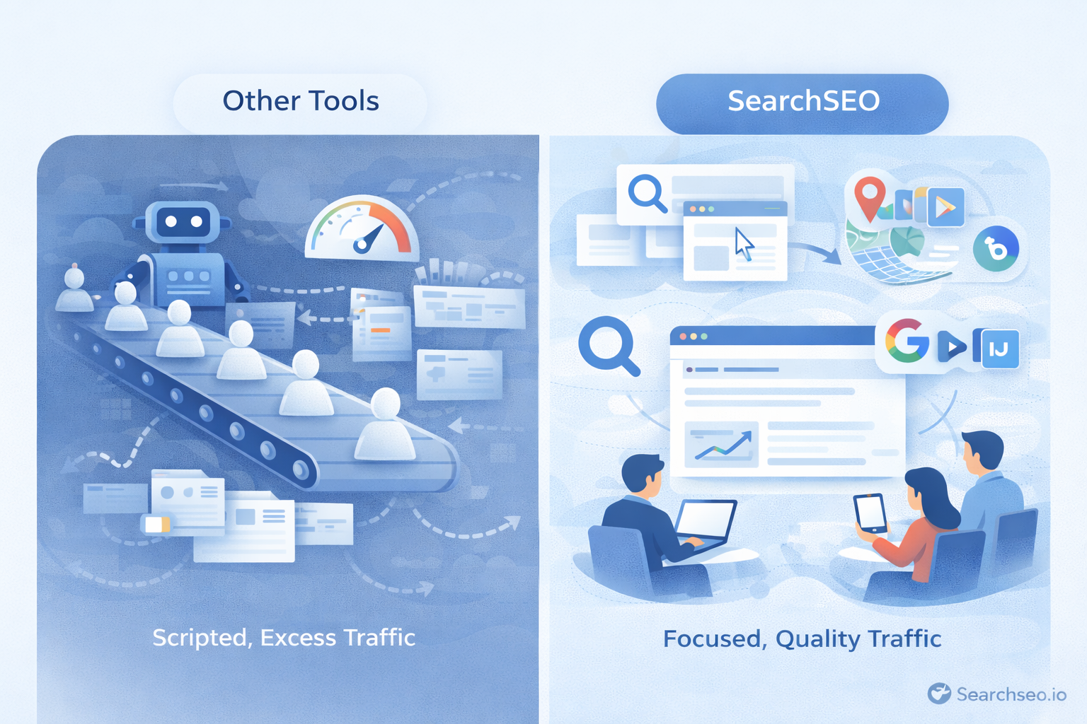 Comparison of Other Tools showing a robot creating scripted excess traffic on a conveyor with anonymous users versus SearchSEO showing three people using devices to generate focused, quality traffic with search and location icons.