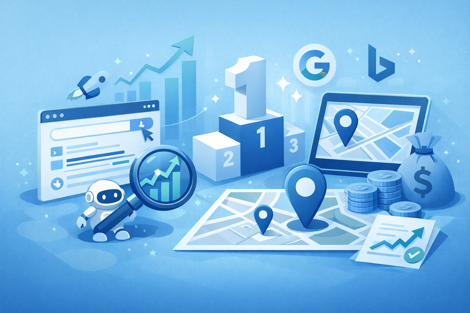Illustration showing SEO traffic bots improving organic rankings, click through rate growth, local search visibility, and search engine performance using automated search engagement.