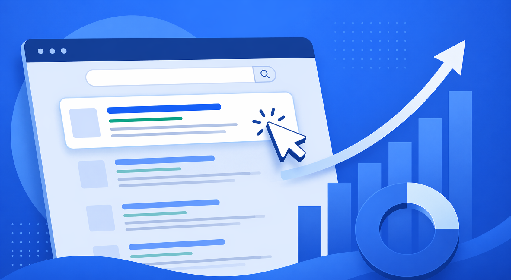 SEO CTR illustration showing a search engine results page with a highlighted top listing