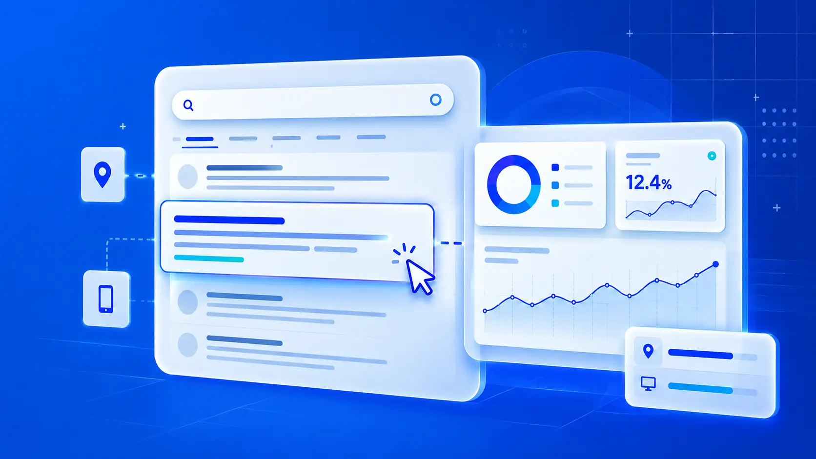CTR manipulation dashboard showing organic search clicks, rising CTR analytics, and location targeting.