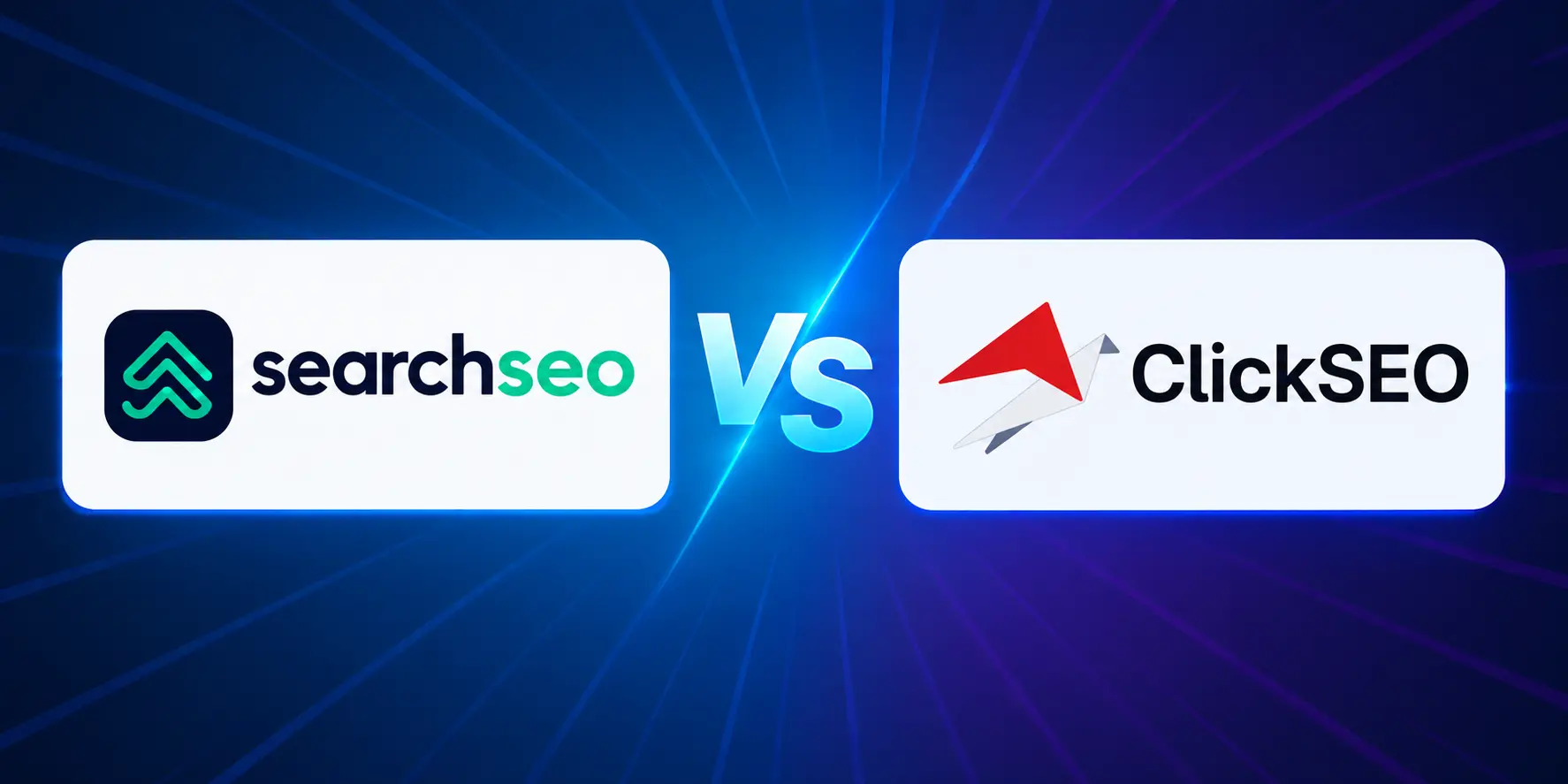 Graphic with two white rounded rectangles on a dark blue and purple background with diagonal light streaks, featuring the logos and names of searchseo on the left and ClickSEO on the right, separated by a glowing 'Vs' in the center.
