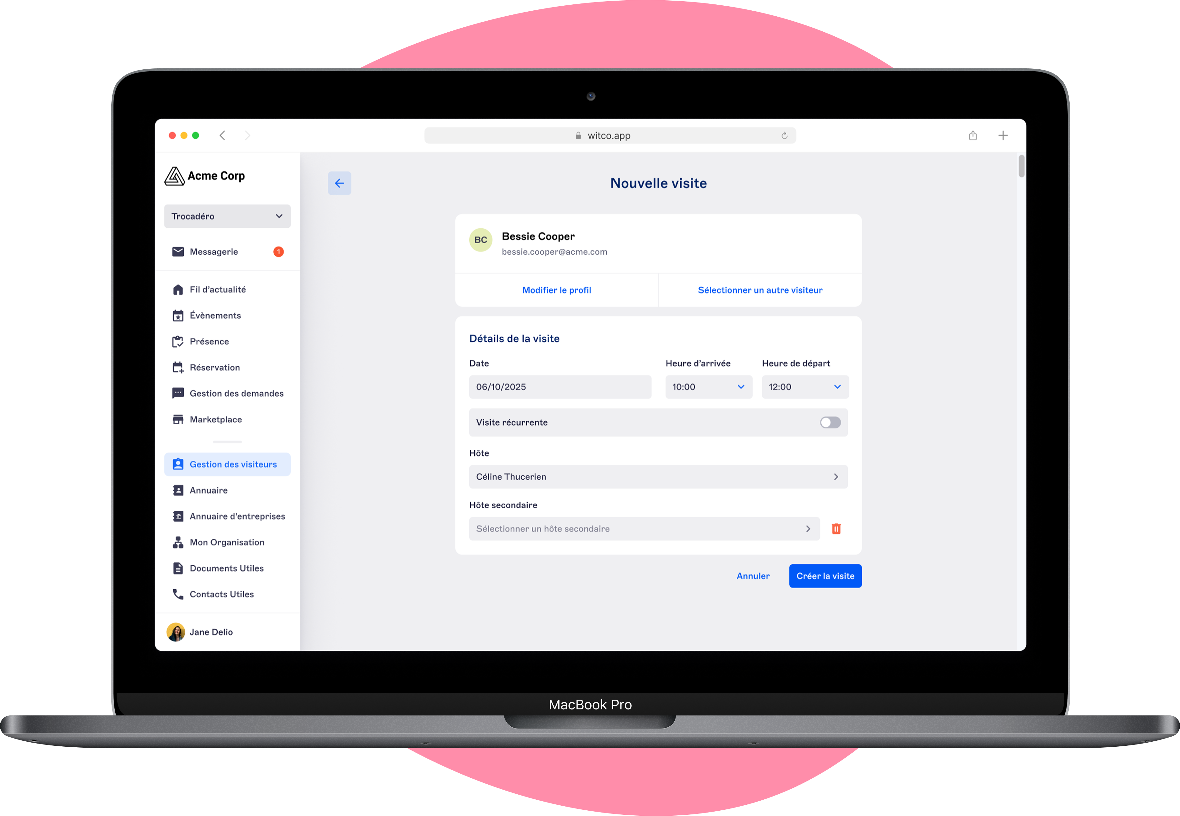 Créer une nouvelle visite dans l'application web Witco