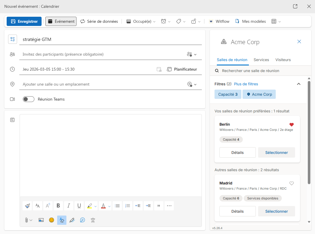 L'add-in Witco pour Outlook pour la réservation de salles, de services et la déclaration des visiteurs