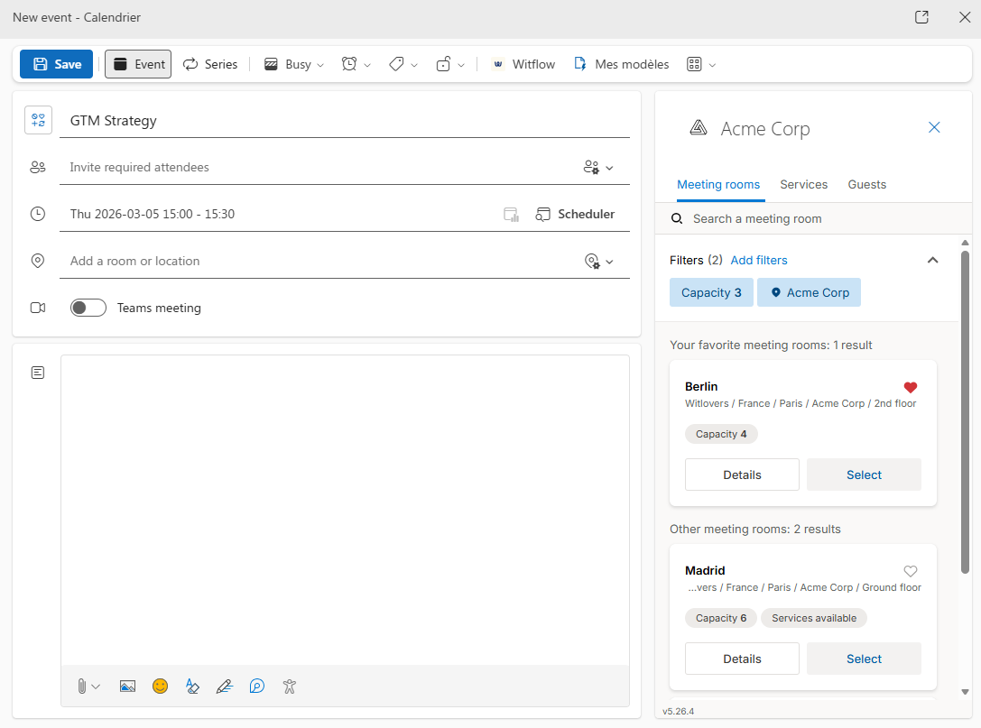 Witco add-in for Outlook to manage room booking, services and visitors