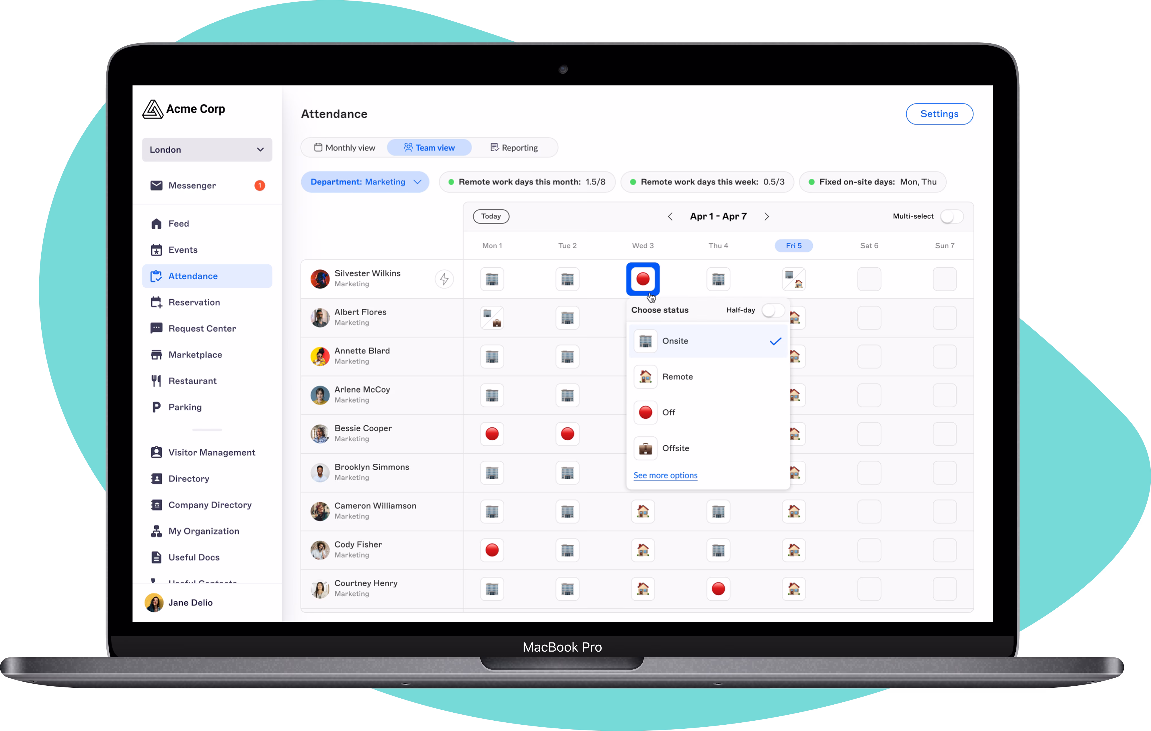 Attendance view in Witco desktop app in sync with Lucca HRIS system