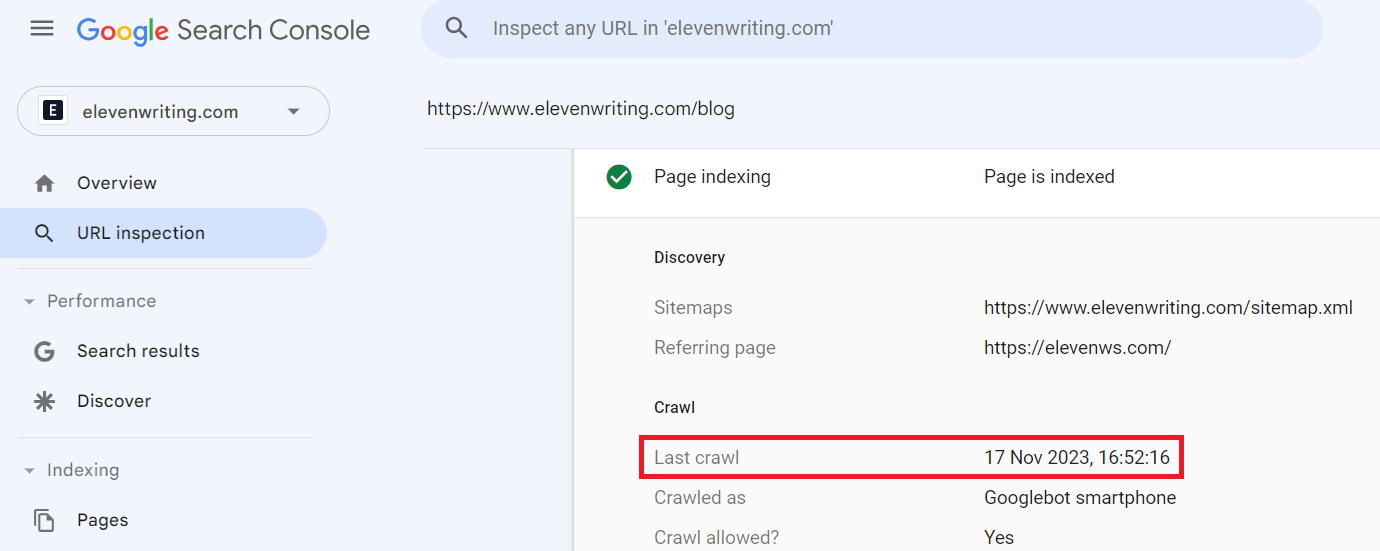 Last crawl date in Google Search Console