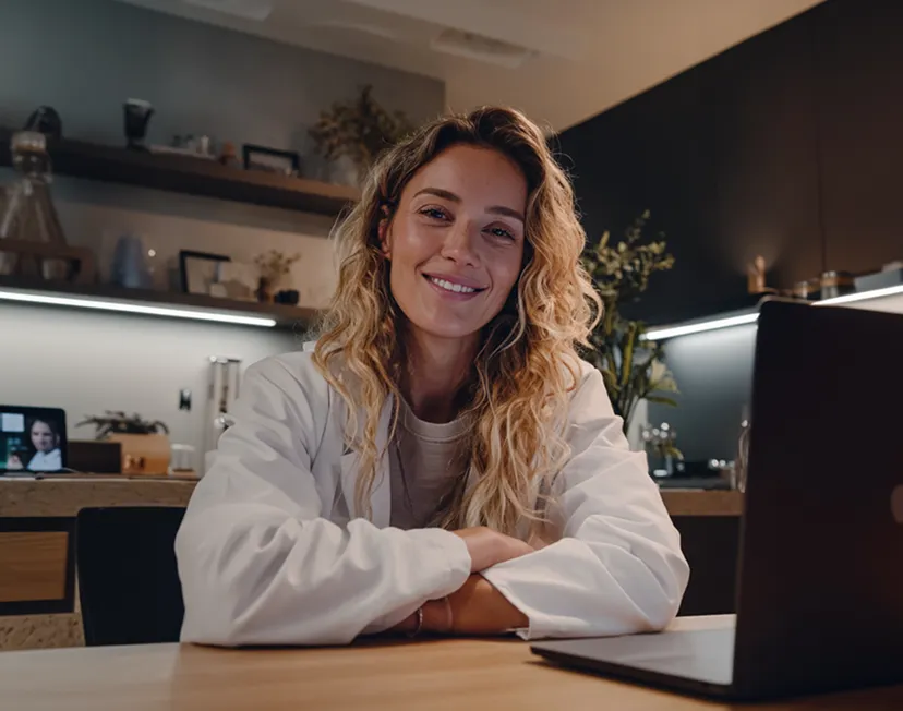 A relaxed woman is sitting at her kitchen table in front of a laptop, smiling at the camera.