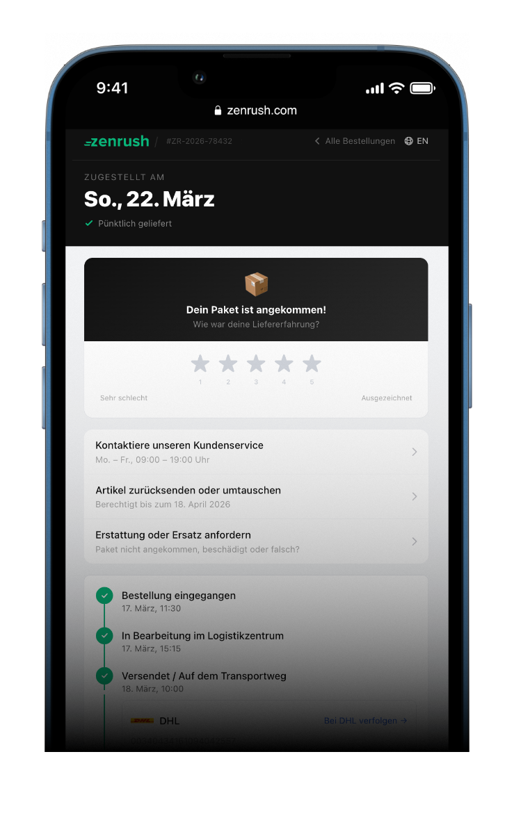 Smartphone mit Zenrush® App: zugestelltes Paket, Lieferbewertung, Service-Optionen und Sendungsverlauf