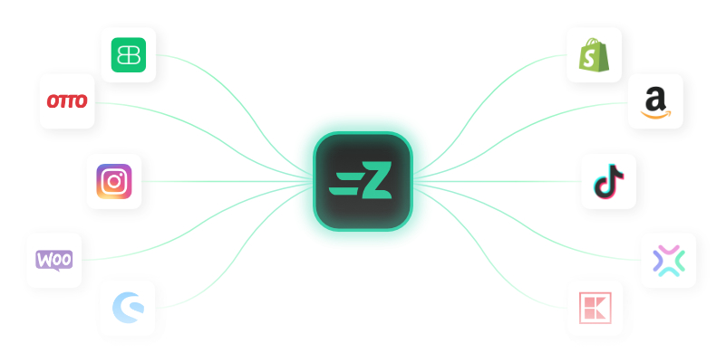 Zenrush® Logo im Zentrum, verbunden mit Shops und Marktplätzen wie Shopify, Amazon, OTTO, TikTok und Instagram