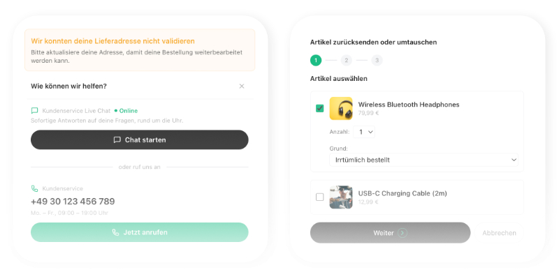 Zenrush® App mit Kundenservice per Live-Chat und Telefon sowie Auswahl von Artikeln zur Rücksendung