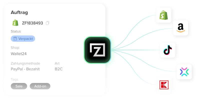 Auftrag ZF1838493 mit Status „Verpackt“, verbunden mit Shopify, Amazon, TikTok und Kaufland