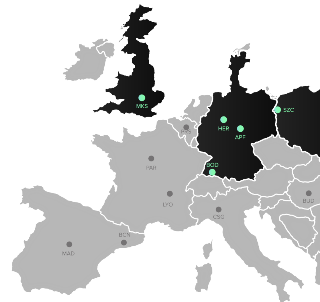 Karte des Zenfulfillment-Netzwerks mit Standorten in Deutschland, Großbritannien und Polen (mobile Ansicht)