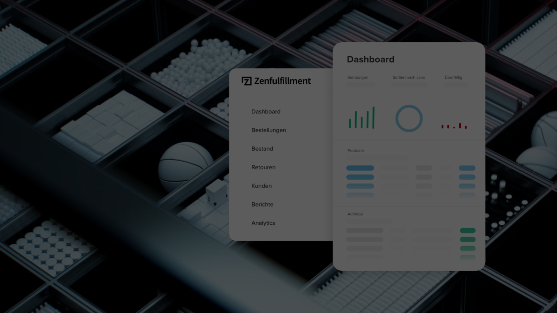 Vorschaubild ZenOS-Demo: Zenfulfillment Dashboard mit Menü (Bestellungen, Bestand, Retouren) vor Lagerregalen