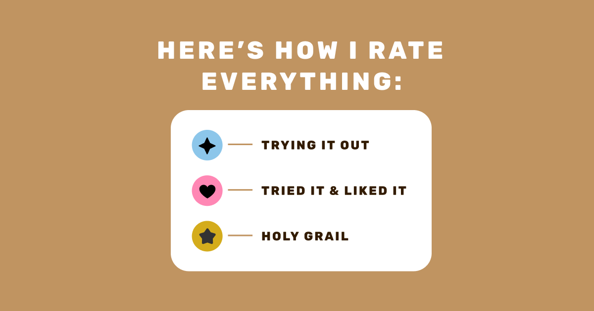 Here's how I rate everything: Trying it out, Tried it and liked it, Essential item