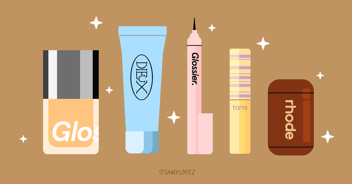 My current makeup rotation illustrated: Glossier foundation, DIEUX Air Angel, Glossier eyeliner, Tarte mascara, and Rhode bronzer