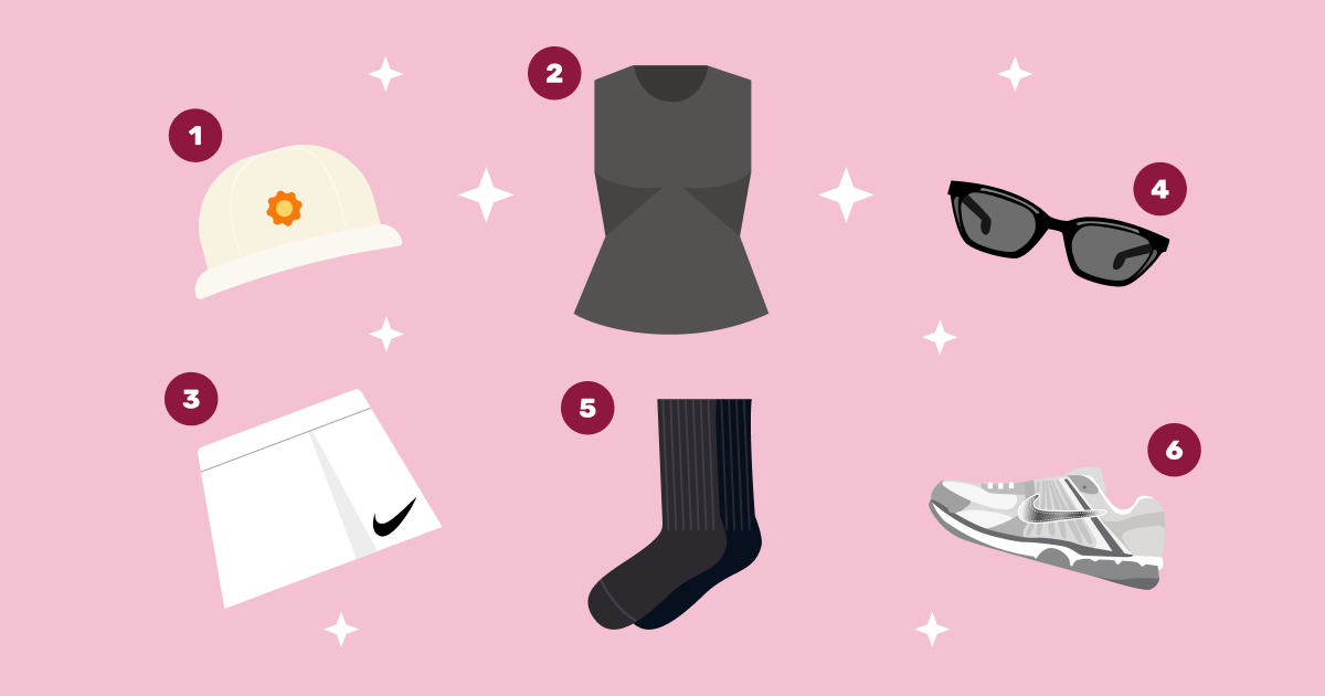 Illustrated flat lay of all six pieces — cap, tank, tennis skirt, sunglasses, crew socks and sneakers