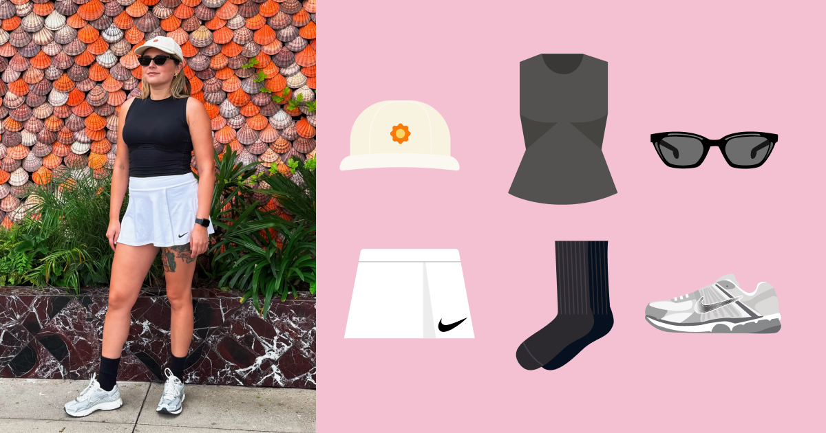 The full Fit Check outfit — cream cap, black tank, white tennis skirt, crew socks and grey sneakers