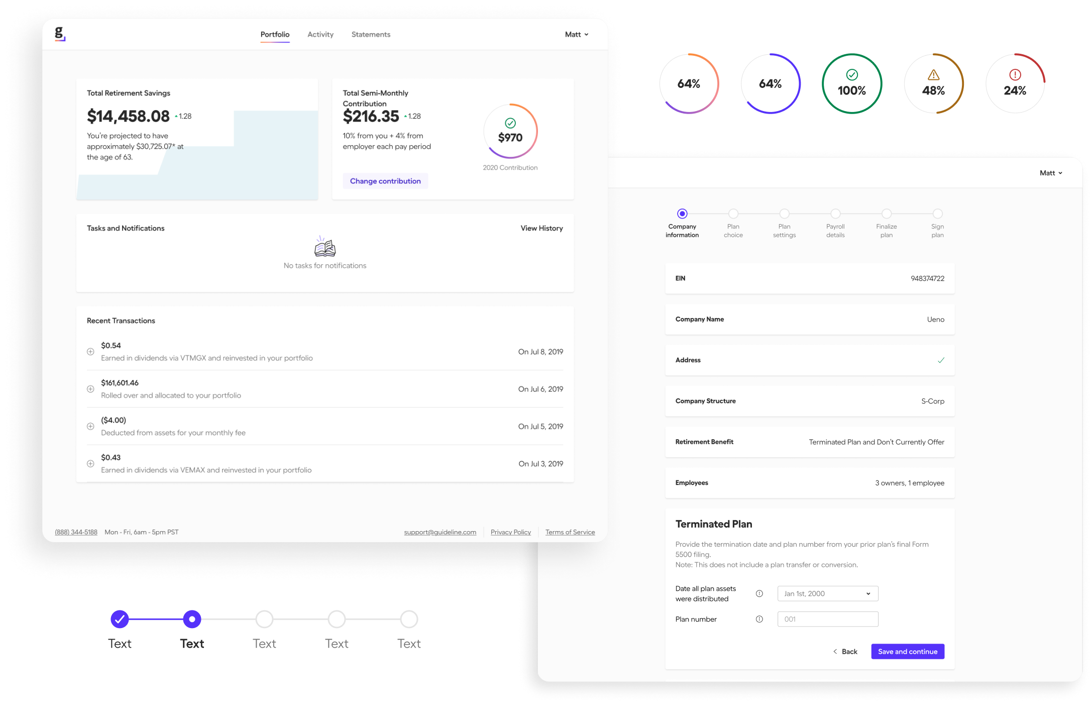 Pilot explorations recreating existing Guideline product screens with the new design system, including a retirement savings dashboard, progress indicators, and a company plan settings form