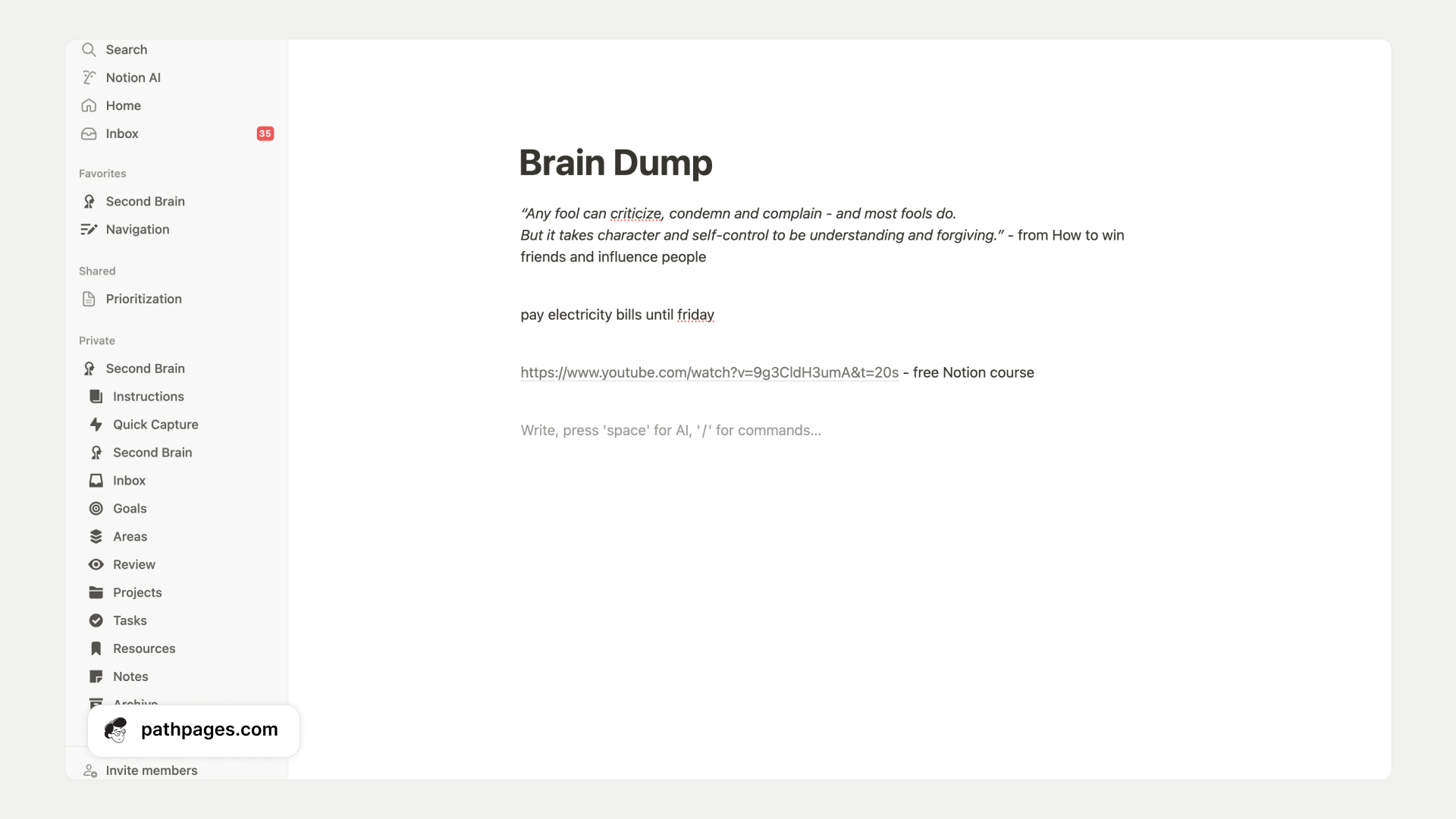 Notion Note Taking Brain Dump Page