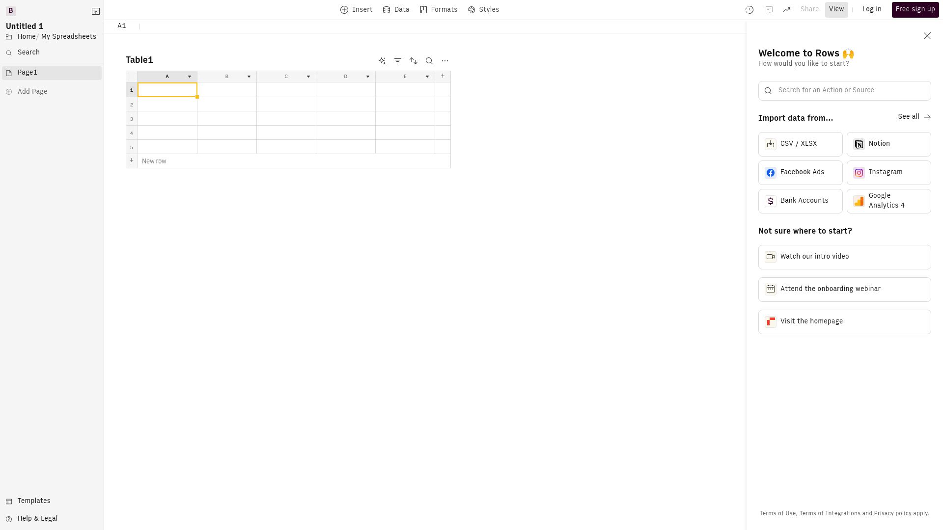 Screenshot of https://www.rows.com