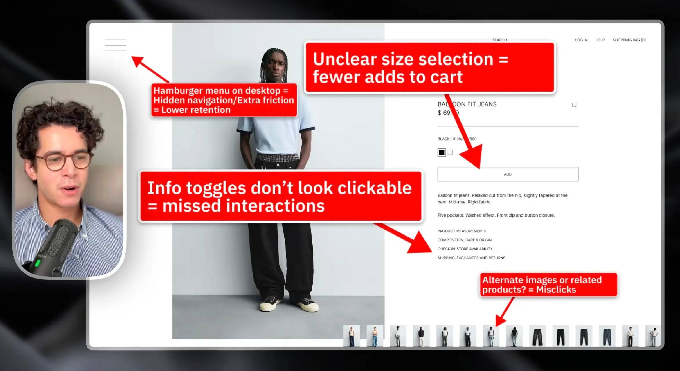 Annotated ecommerce product page teardown highlighting usability issues